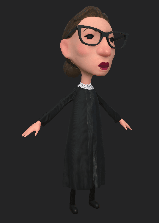 RBG character pointing while standing on a wooden pedestal