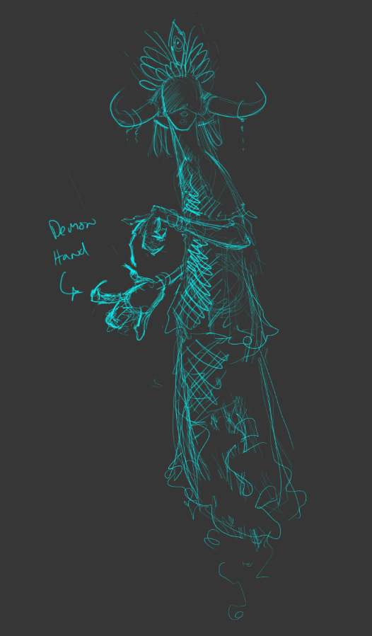 Glowing turquoise wireframe character concept sketch