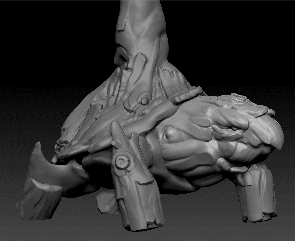 Gray sculpt detail of a knotted root and hand boss form