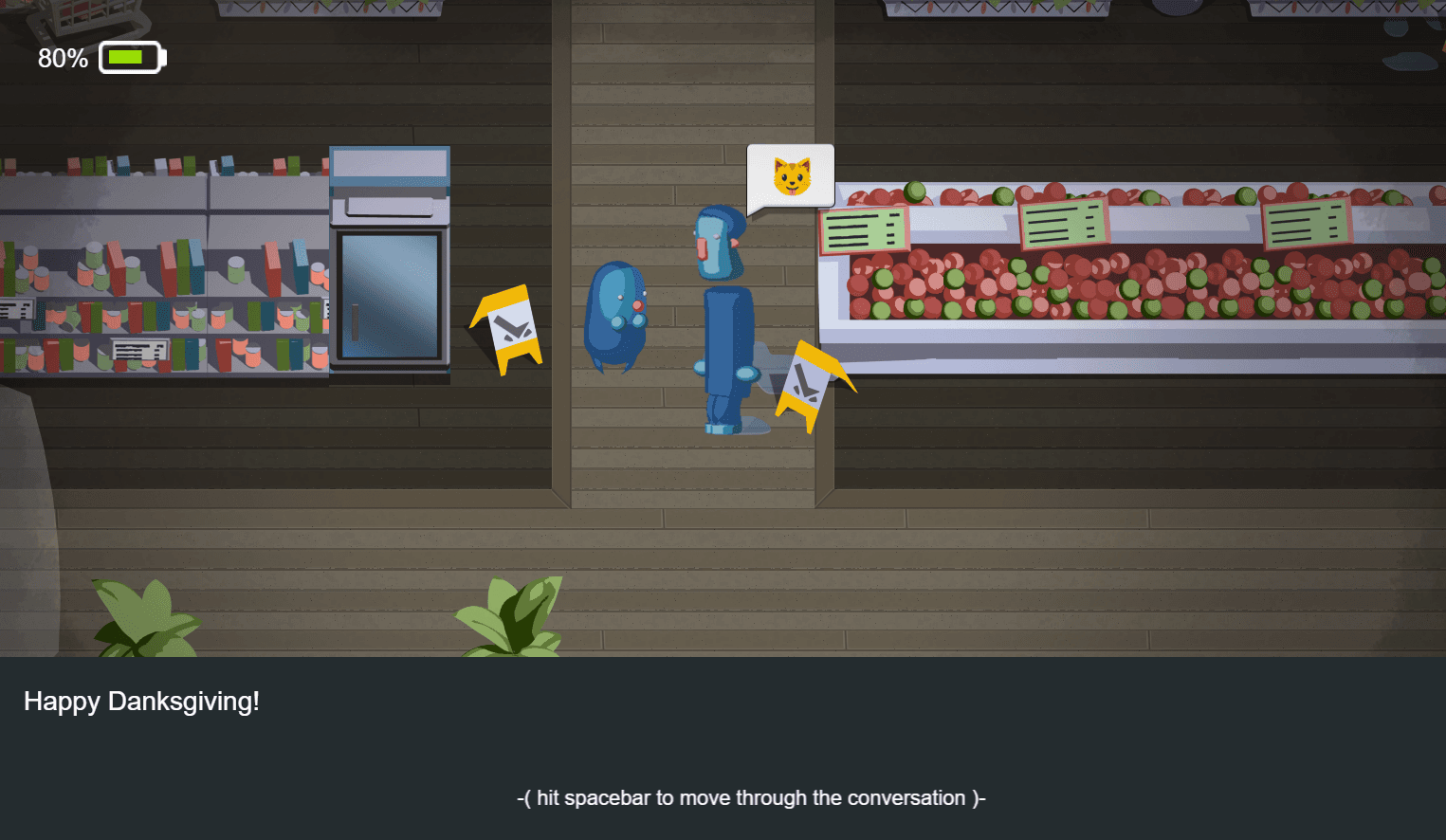 Supermarket gameplay screenshot showing the on-screen battery and timer HUD