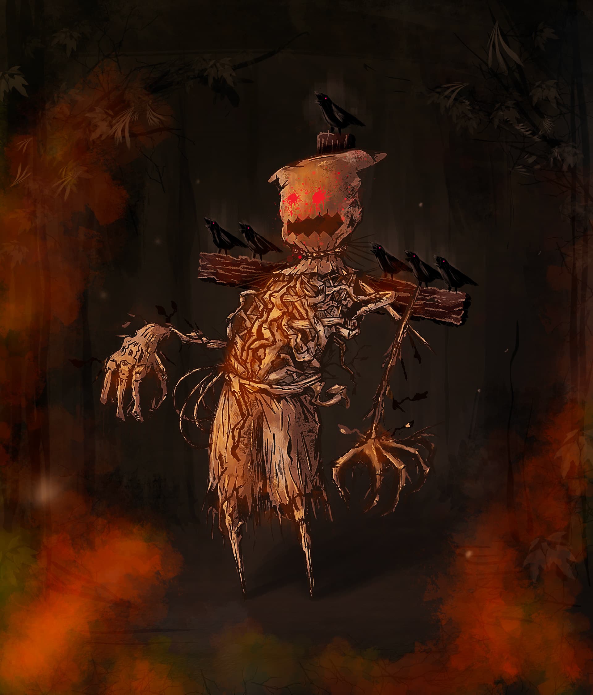 Painterly concept of the scarecrow boss in a fiery autumn forest