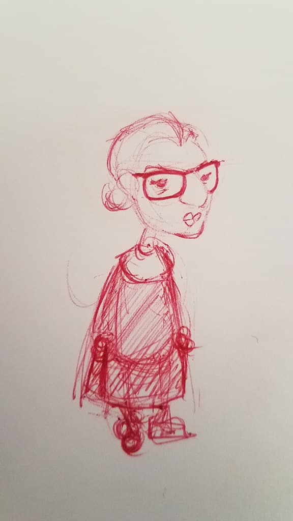 Red pen concept sketch of the stylized RBG character