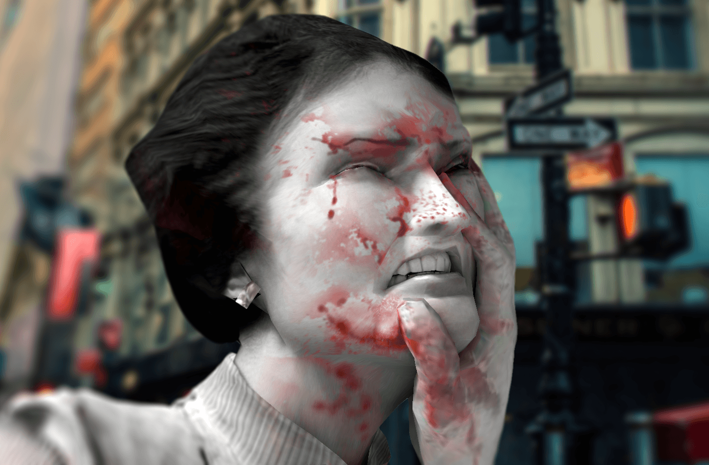 Gruesome Gotham app interface showing a posed character scene in augmented reality