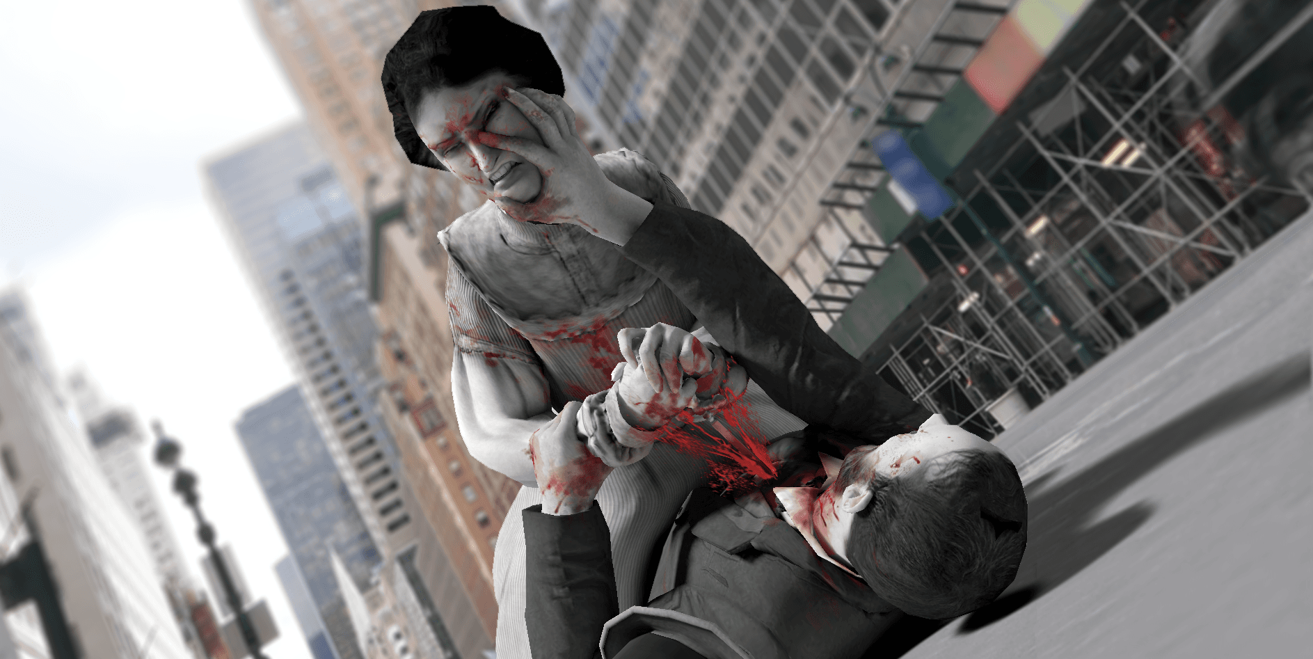 AR app screen with a 3D murder-scene tableau composited into a real-world street