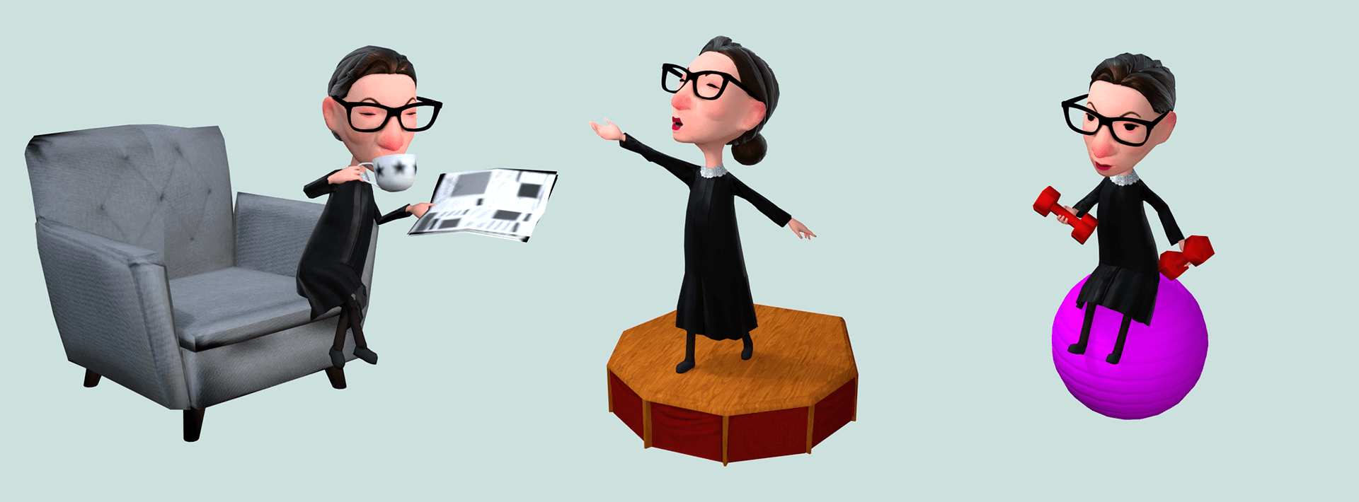 Two RBG character poses side by side: arms crossed and waving hello