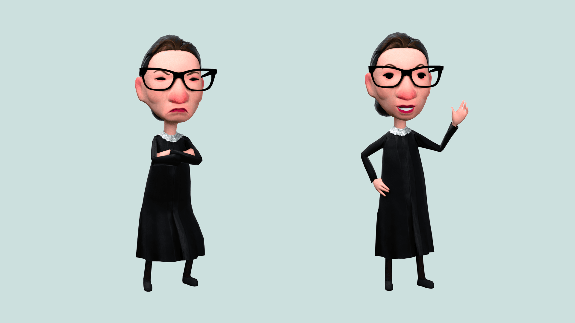3D RBG character standing in judicial robes against a pale teal backdrop