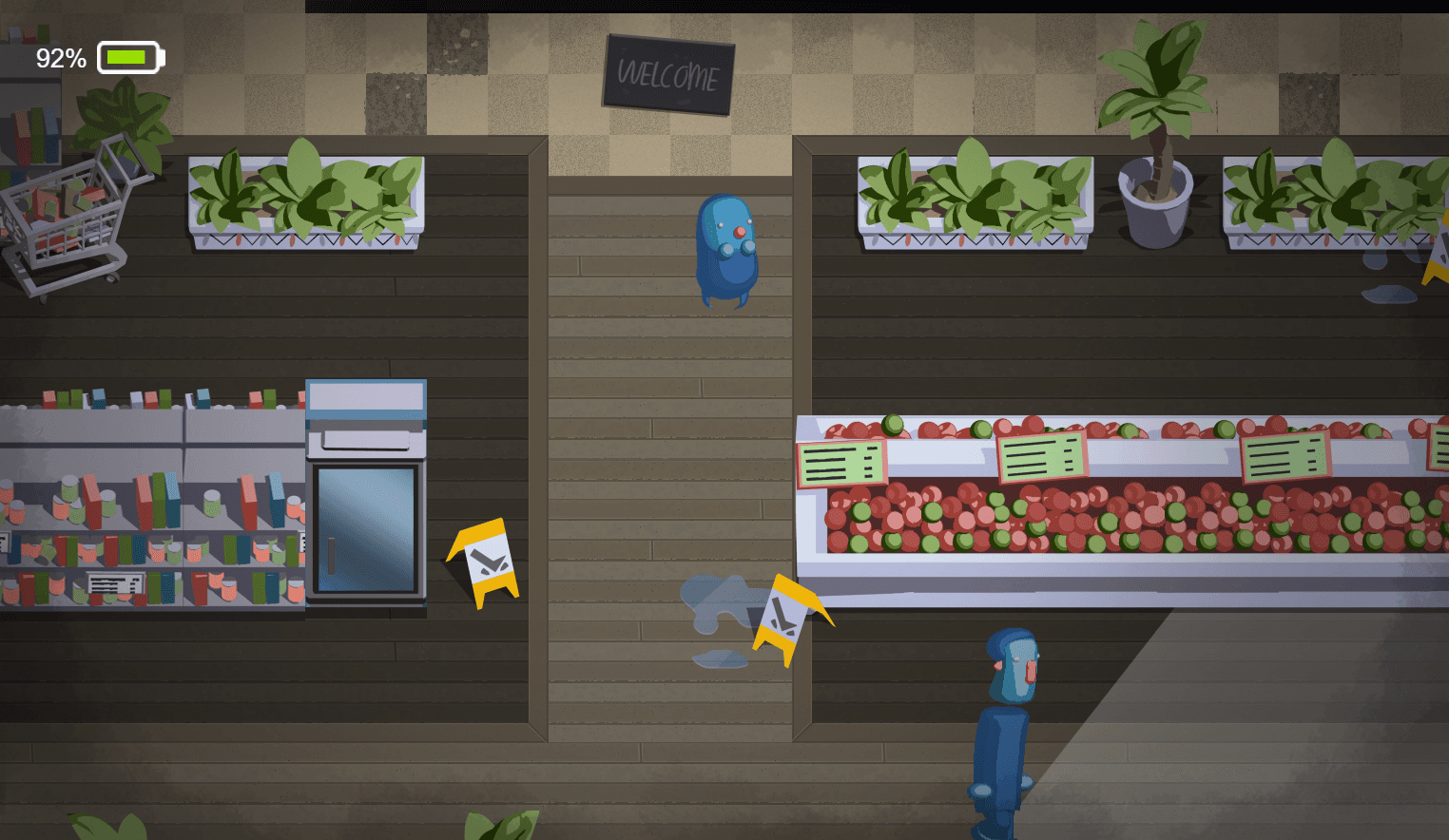 Top-down view of the supermarket level with the blue shopper character navigating produce aisles
