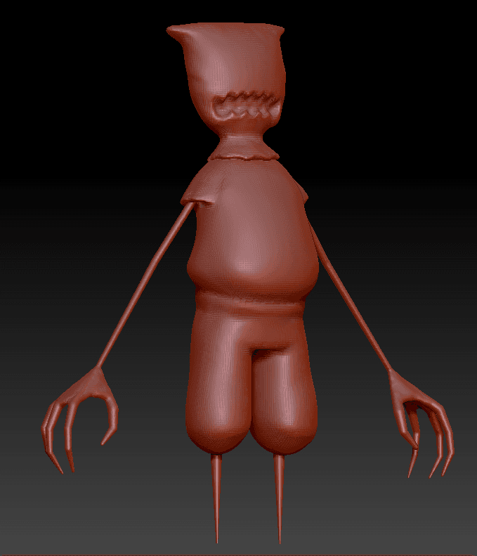 Clay-render front view of the scarecrow boss with clawed arms