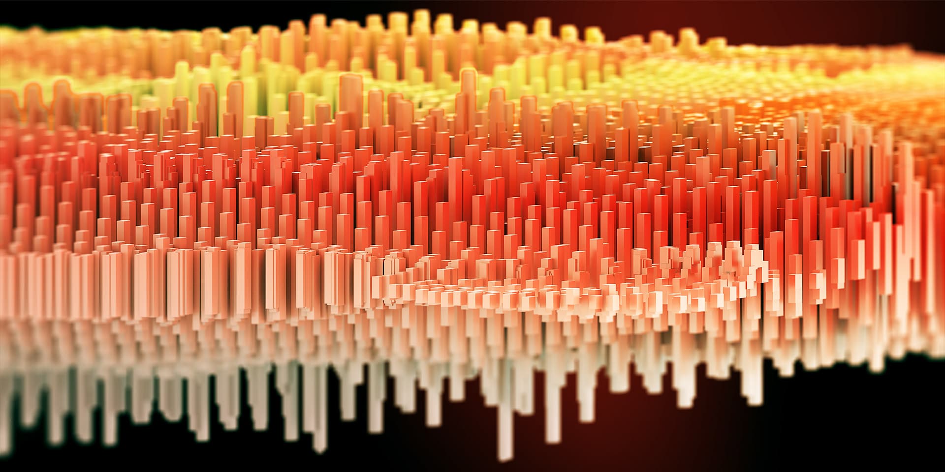 Houdini point-cloud render of glowing orange spires forming a landscape