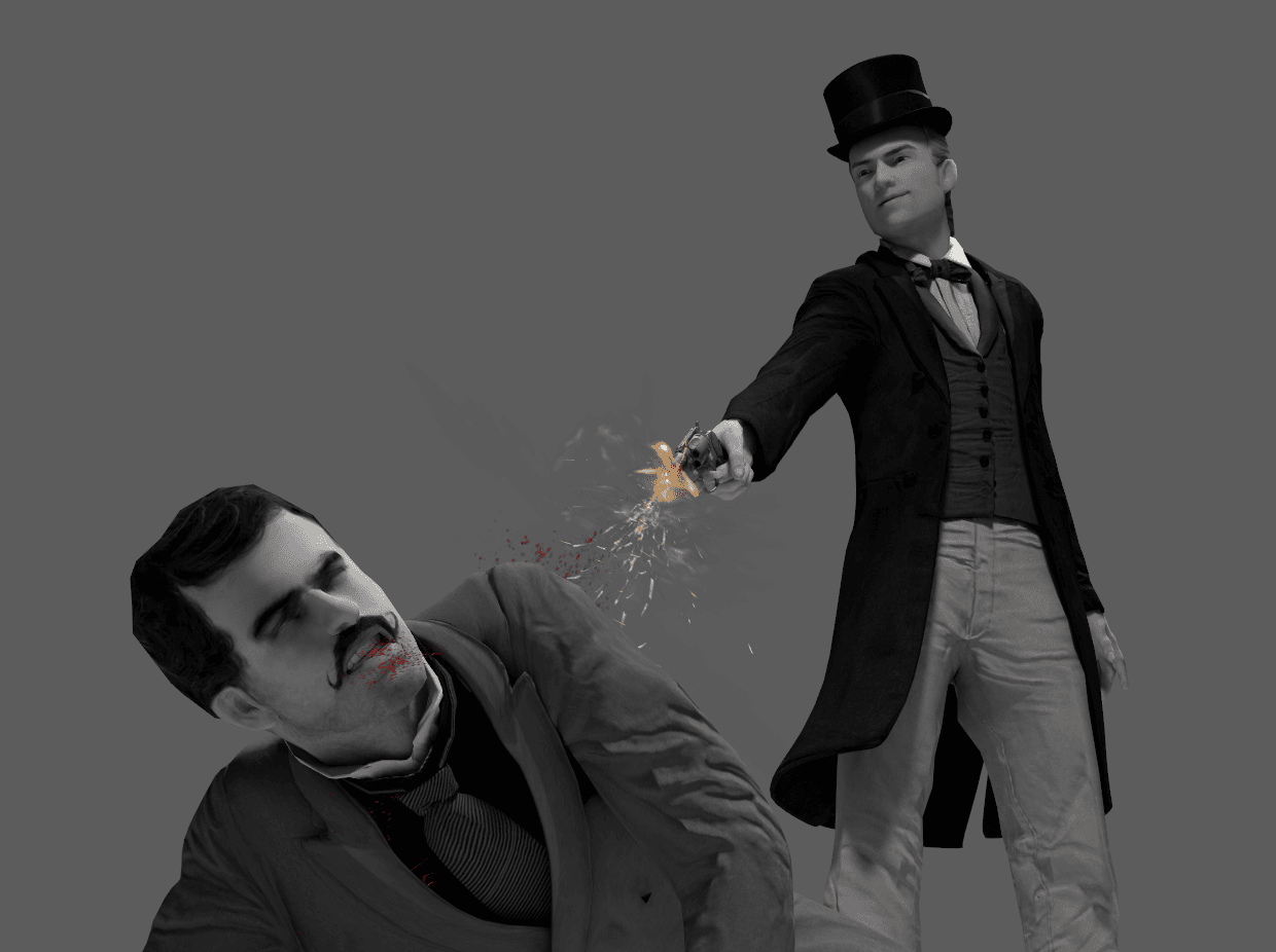 Render of two figures arranged in a murder-scene pose