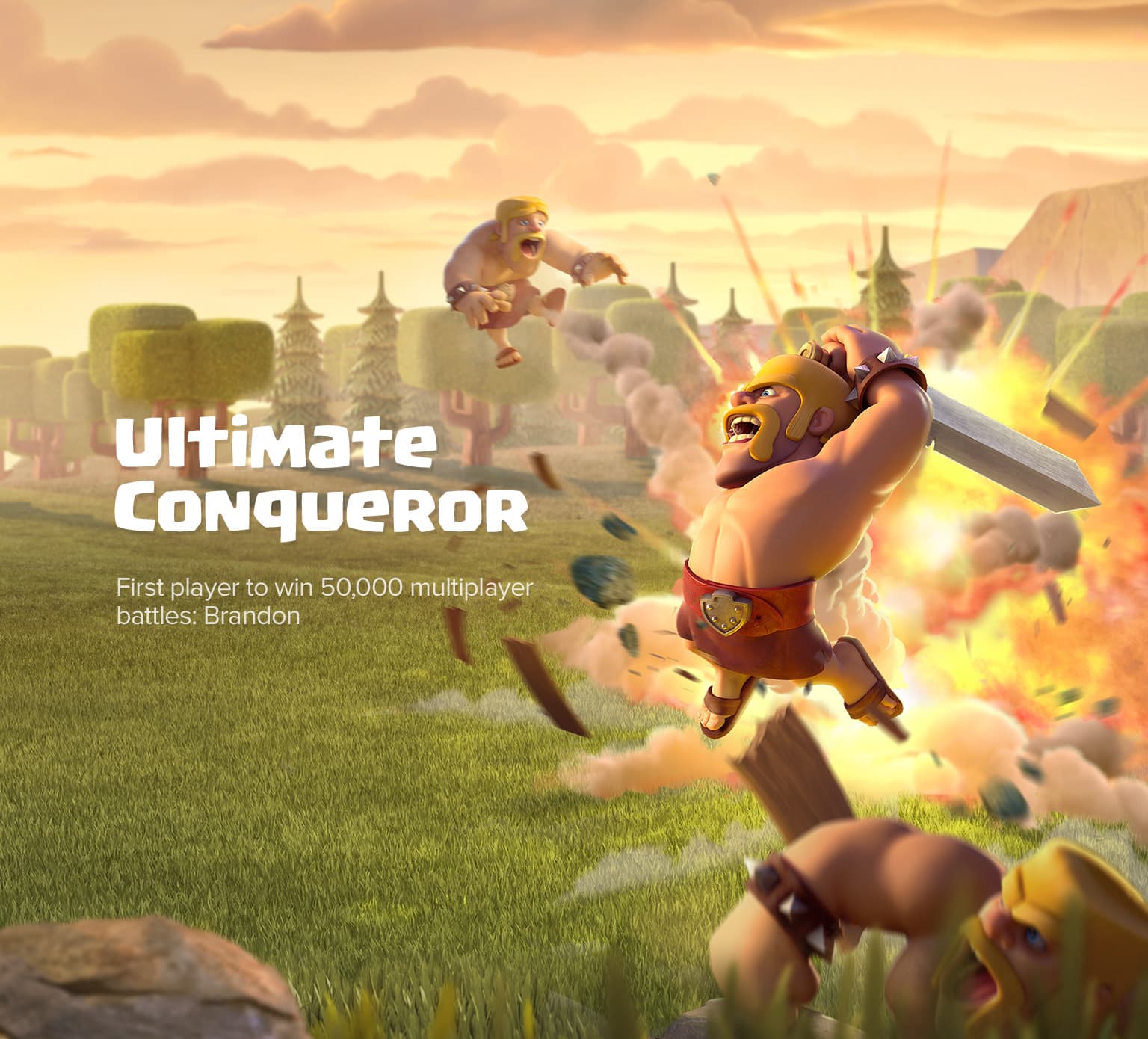 Clash of Clans 'Ultimate Conqueror' web key art — barbarian hero leaping over a battlefield with explosions