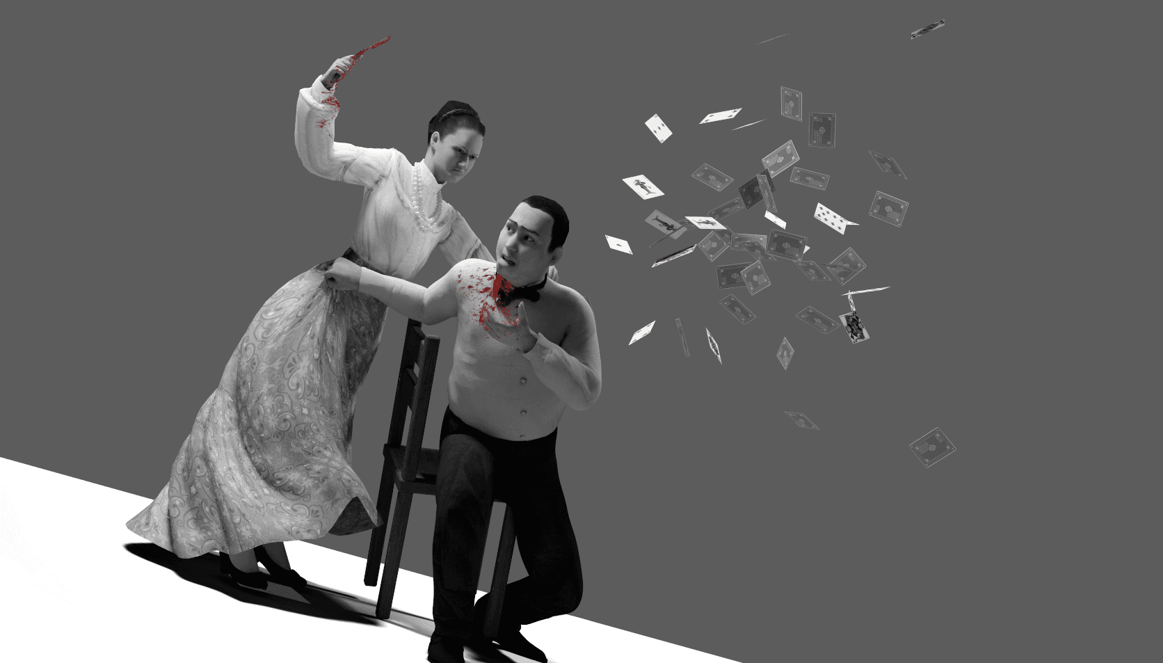 Close-up render of a screaming, blood-splattered Victorian man