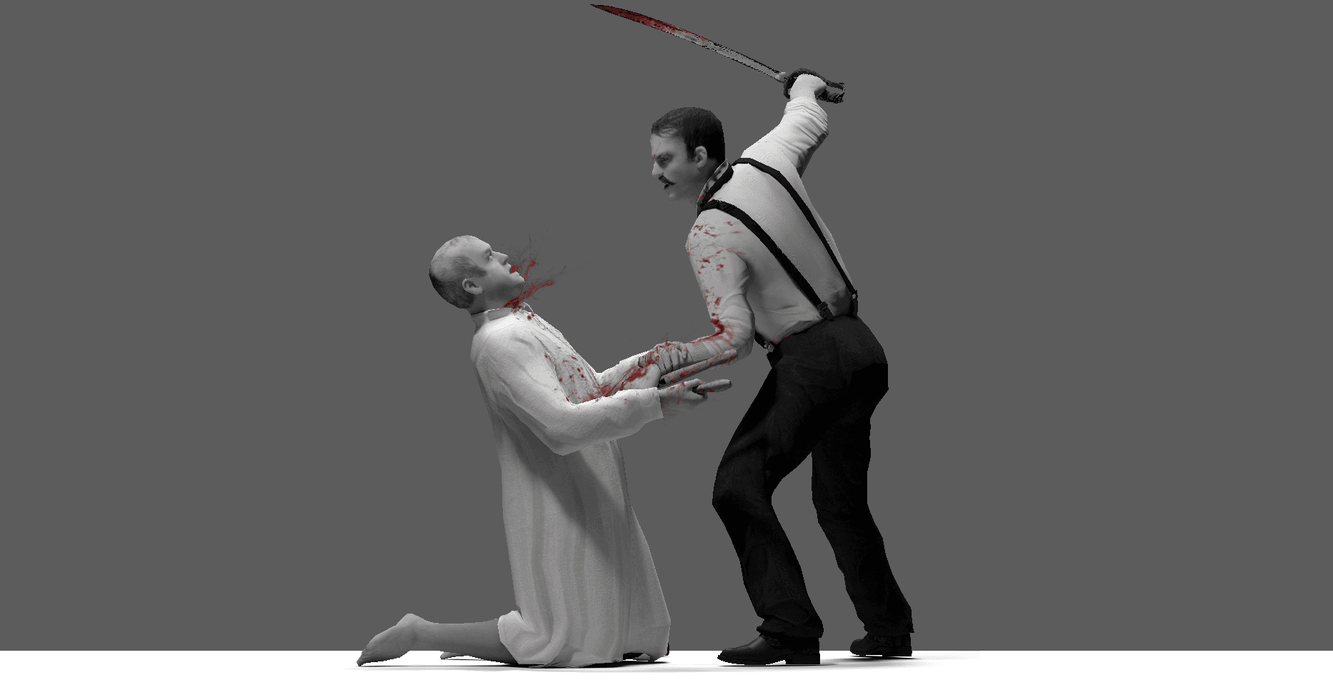 Wide render of a violent struggle with blood splatter