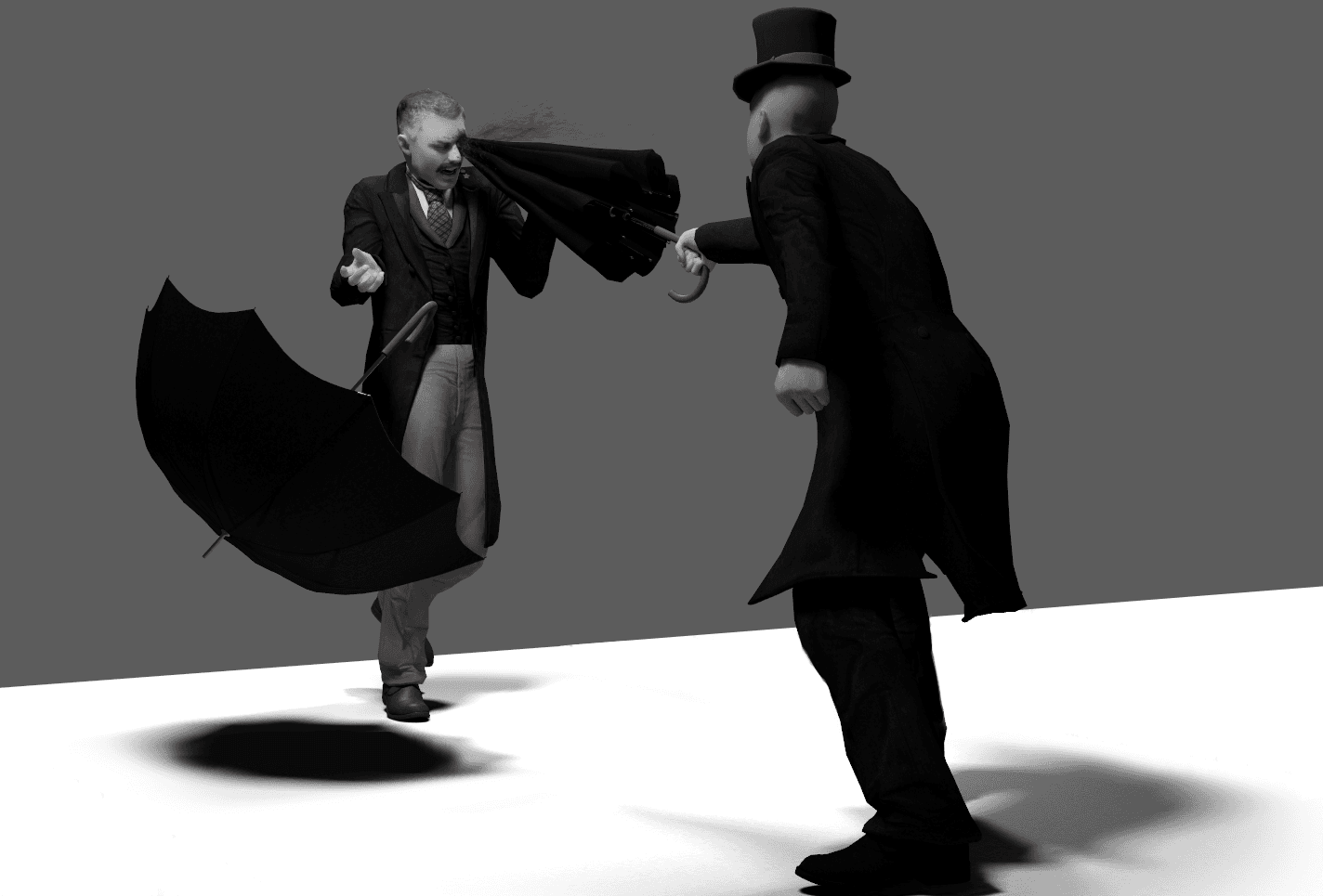 Two top-hatted figures fighting with a cane against a white floor