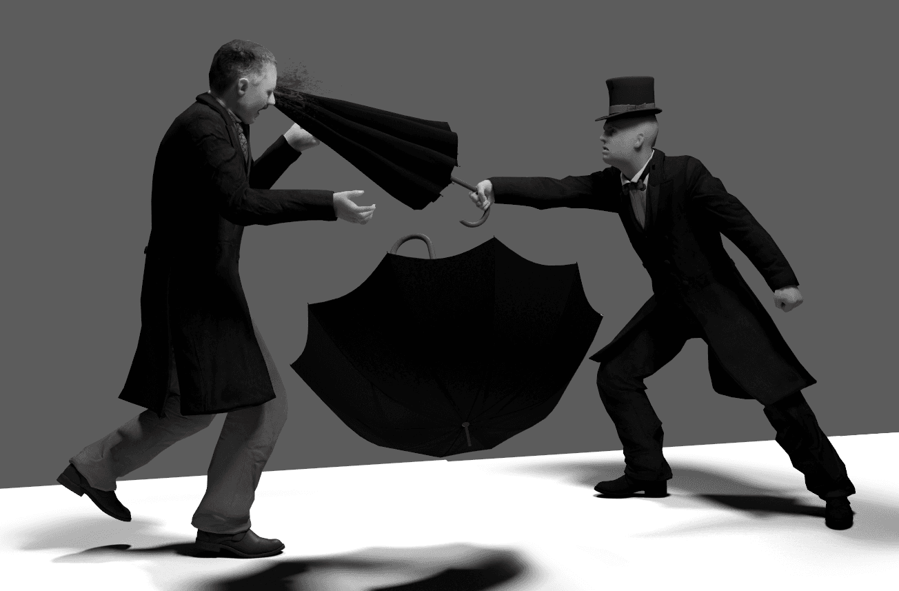 Render of a top-hatted figure fleeing across a stark grey ground