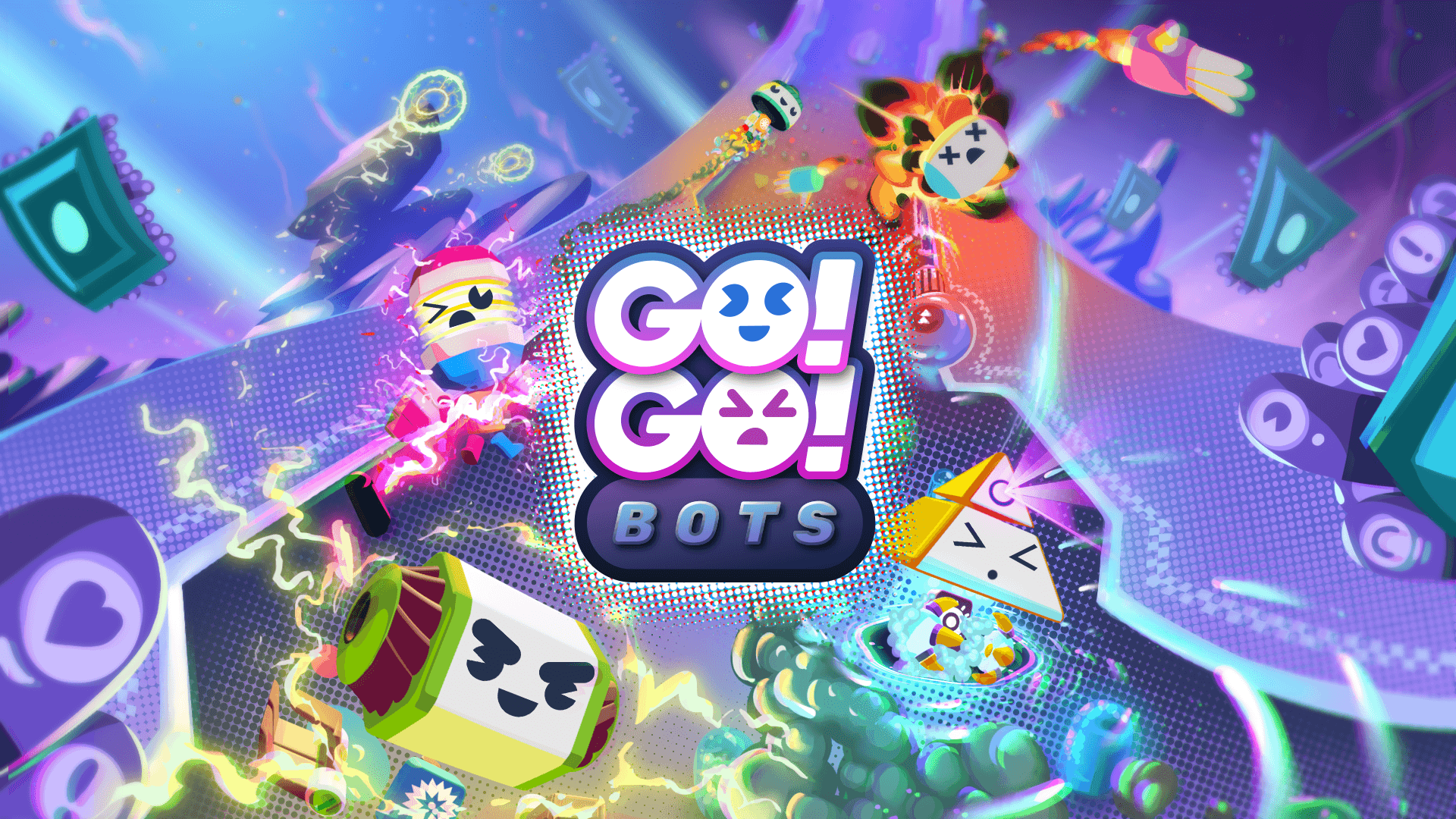 Go! Go! Bots! key art with the logo over a colorful cast of bot characters