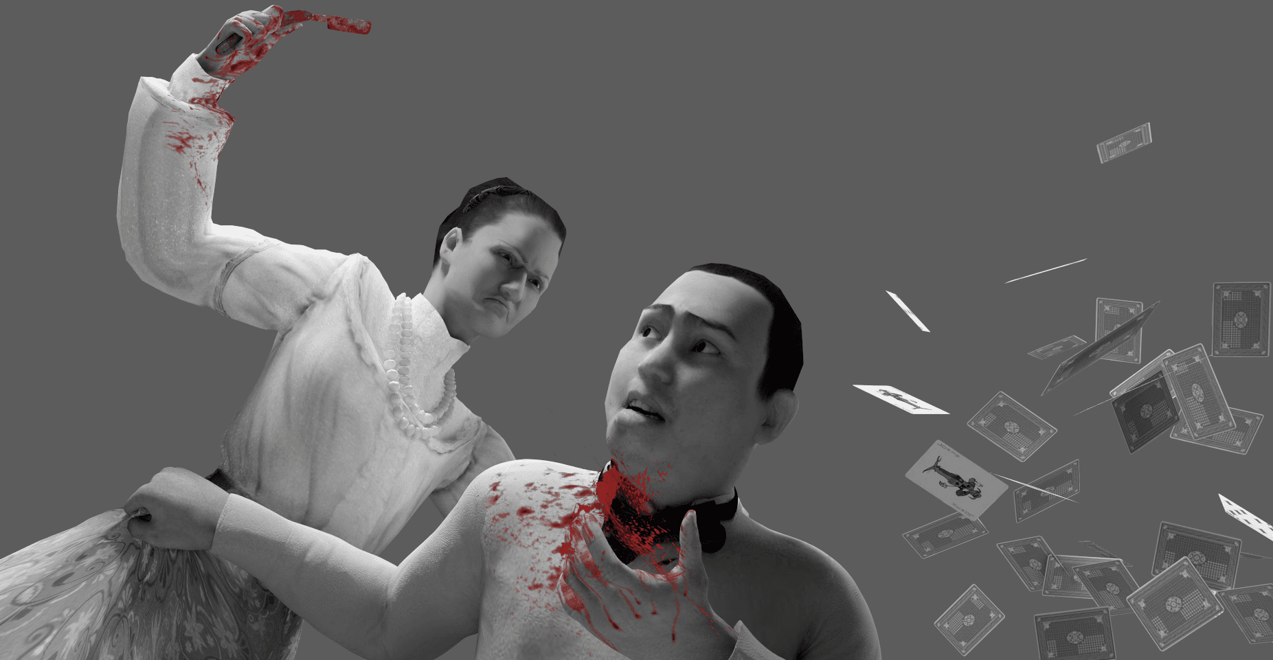 Murder-scene render of a figure attacking another, blood splatter mid-air
