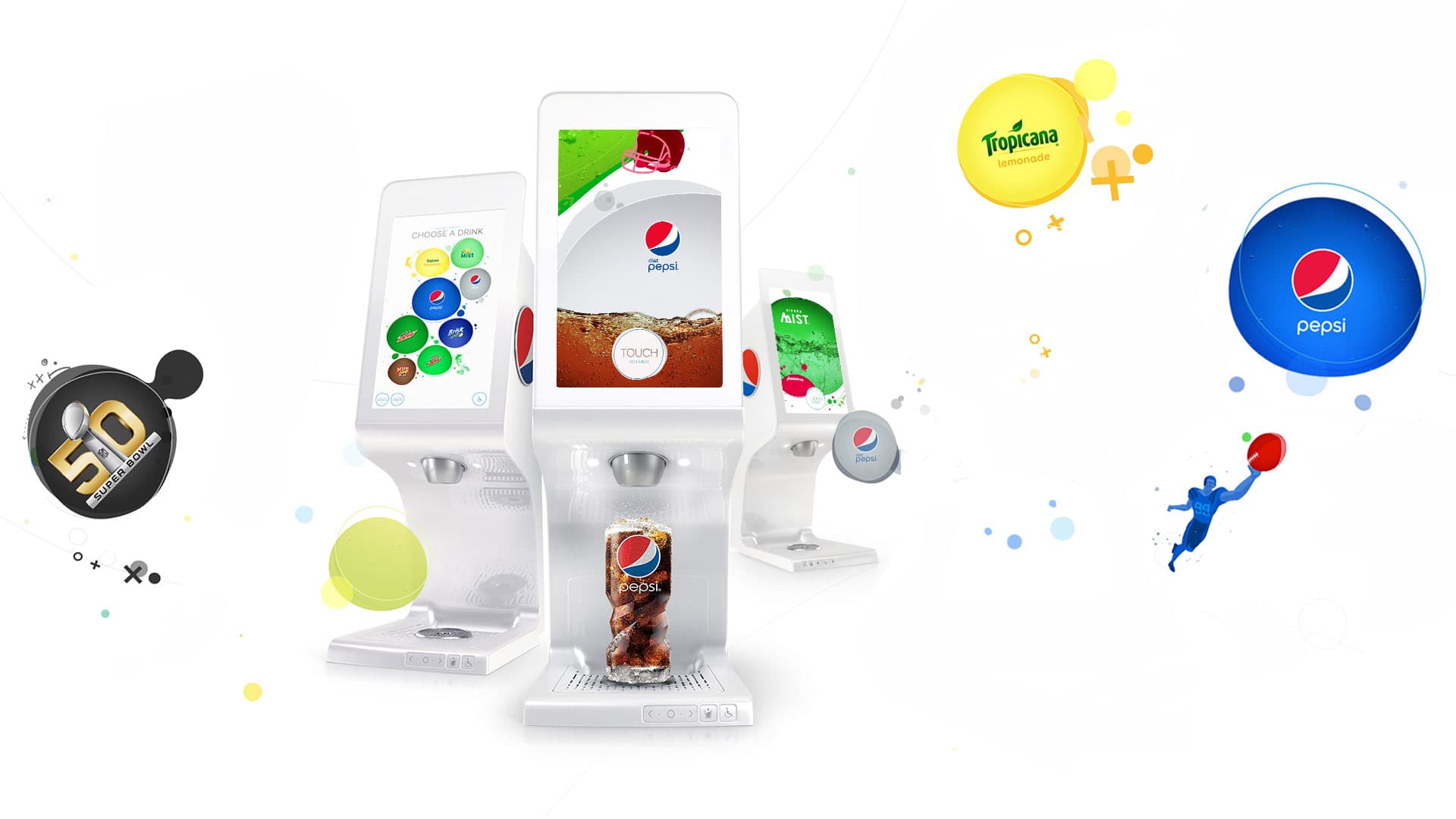 Pepsi Spire NFL Super Bowl key art: branded touchscreen fountain unit surrounded by exploding soda graphics