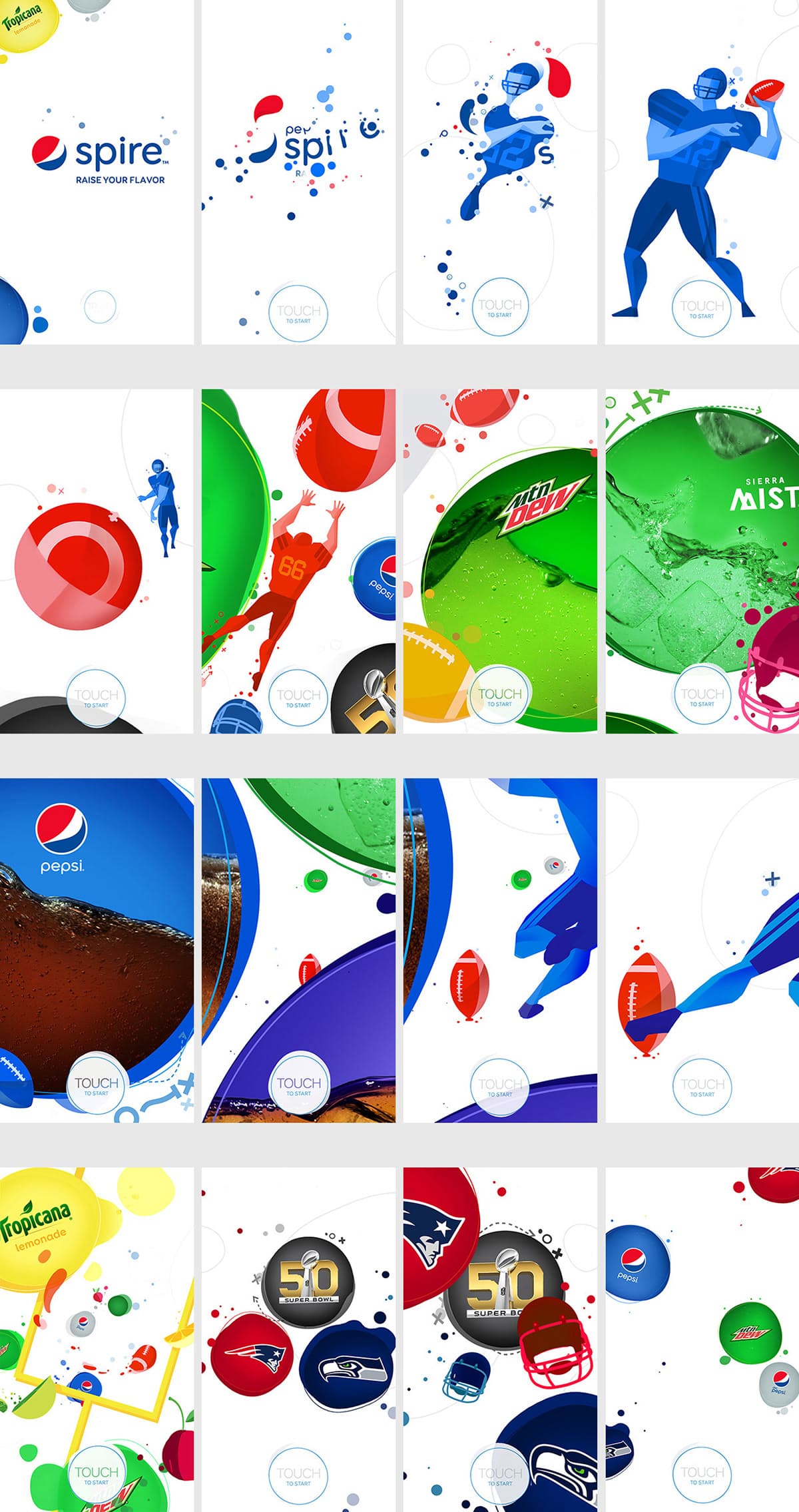 Tall collage of Pepsi Spire interface screens and football-themed flavor art panels