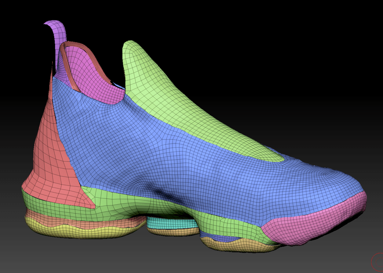 Shoe model with blue and neon textured upper