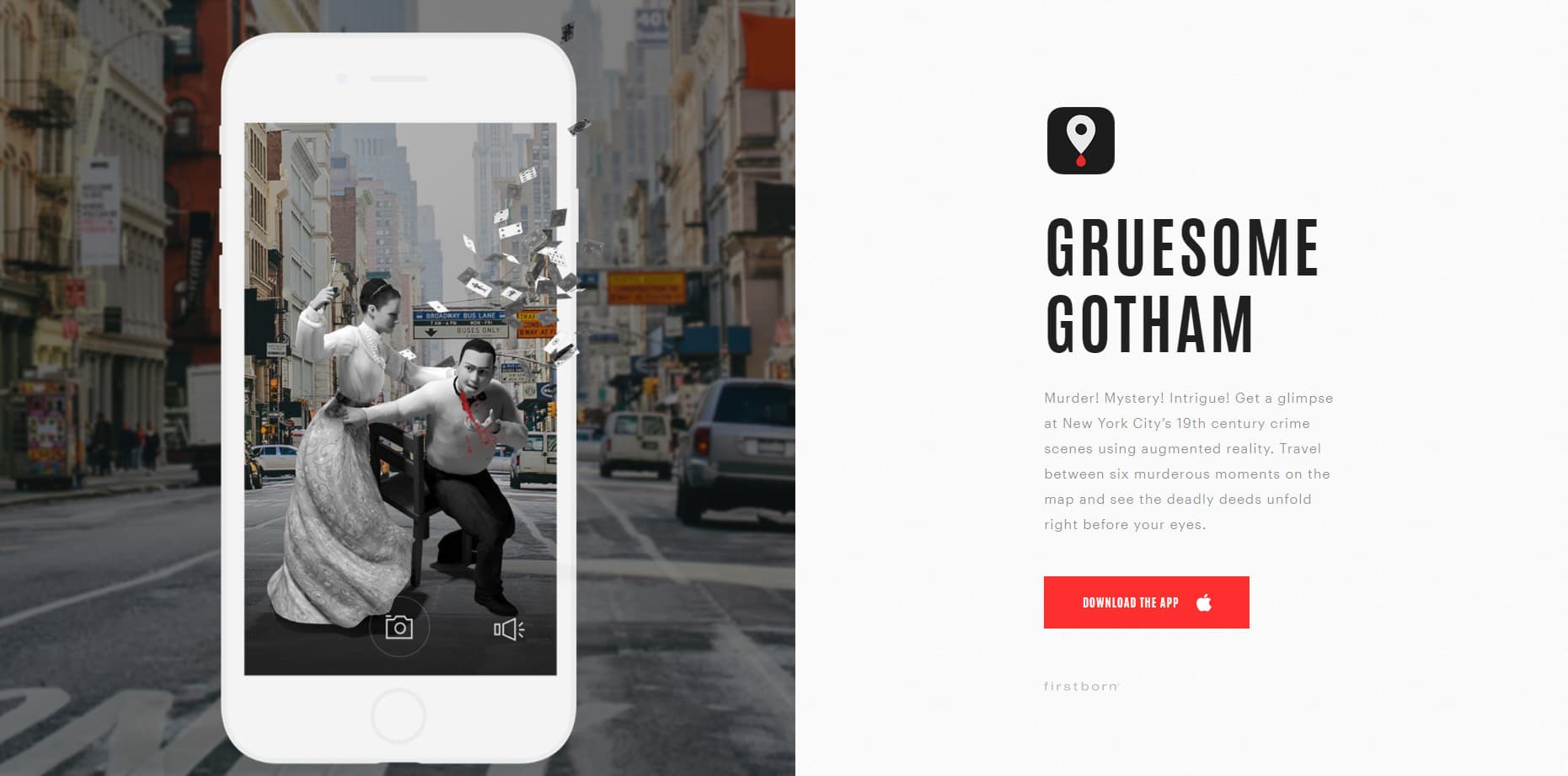 Phone held up in a city street showing the Gruesome Gotham AR app overlaying a 19th-century murder scene