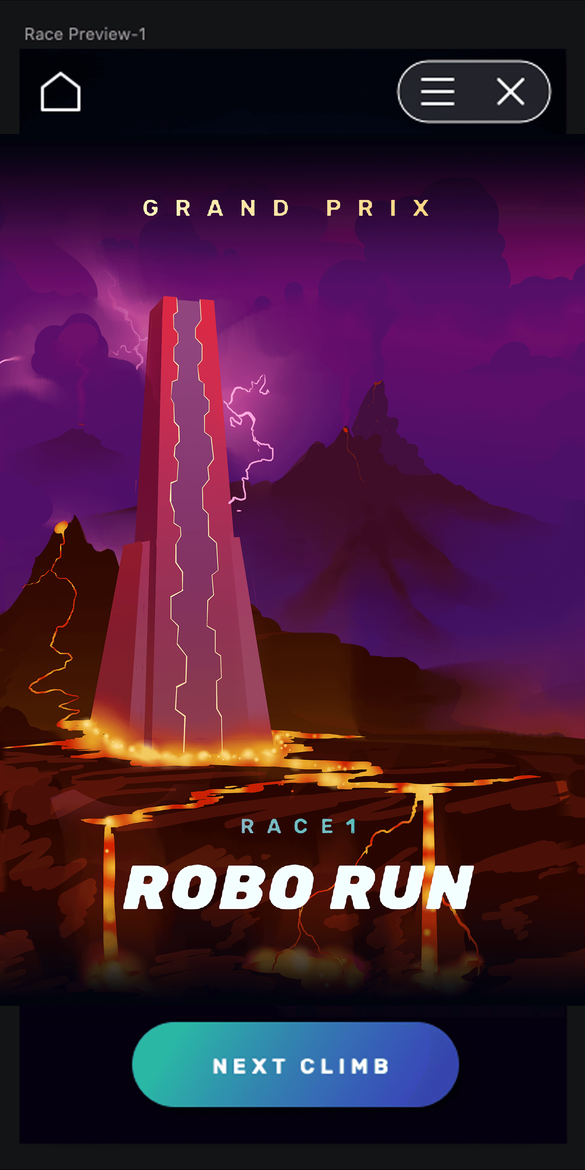 Grand Prix Robo Run menu background with red volcanic cityscape