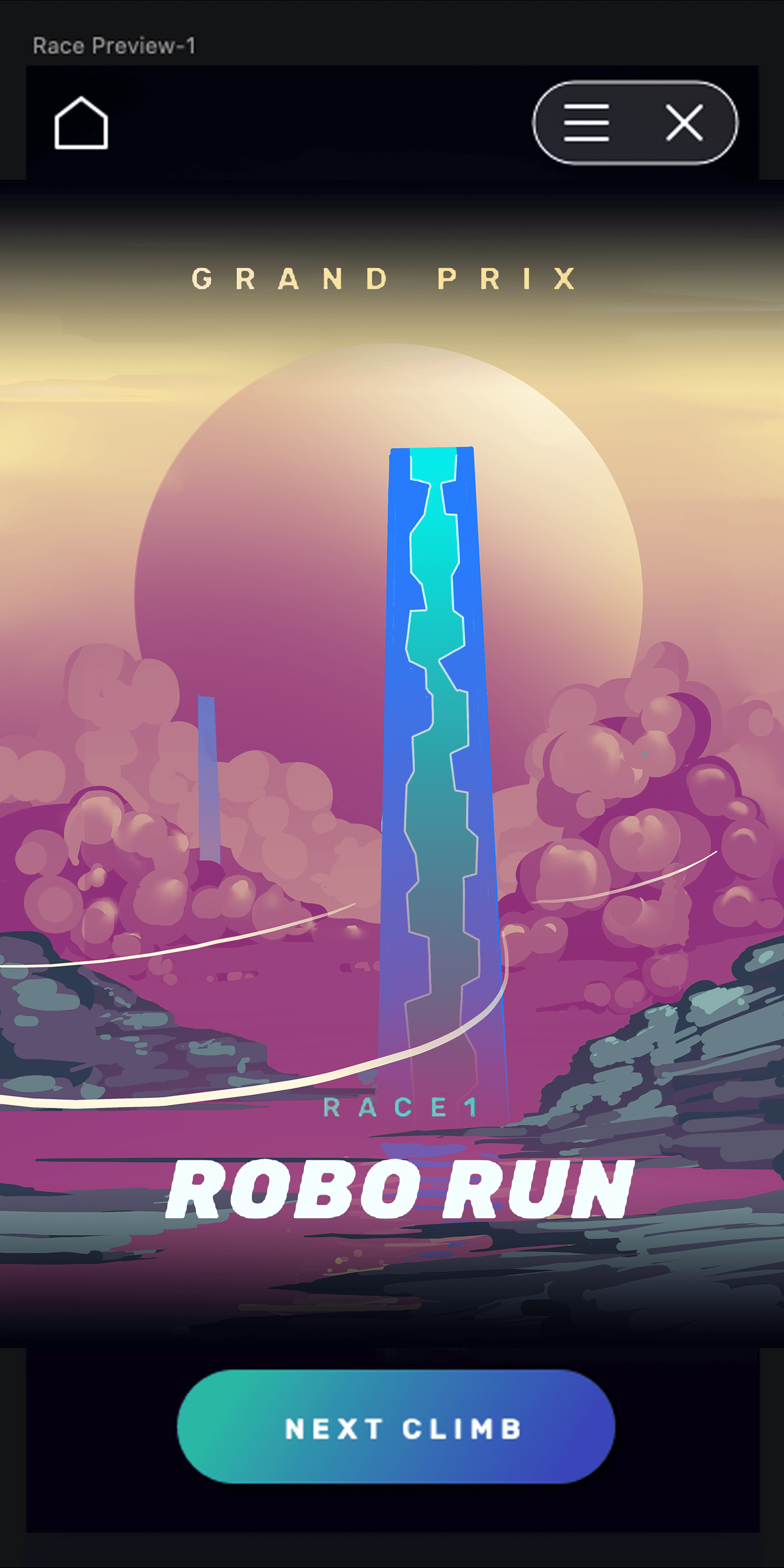 Grand Prix Robo Run menu background with orange sunset cityscape