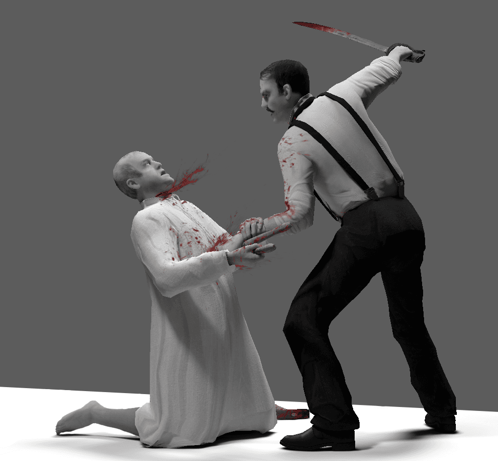 Two figures grappling in a posed murder scene