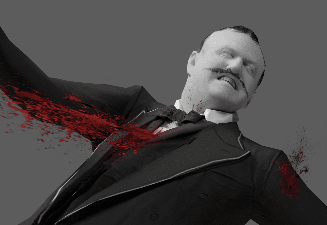 Bloody attack scene rendered between two posed characters