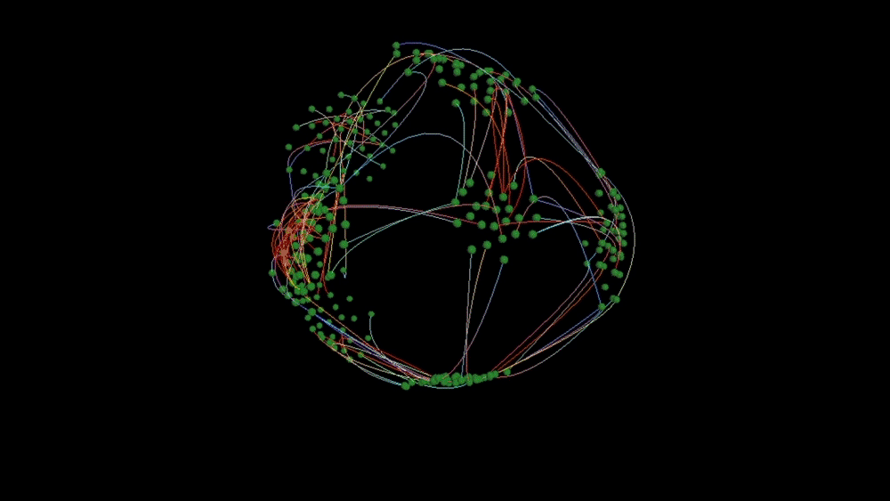 Wireframe pig head overlaid with animated network nodes