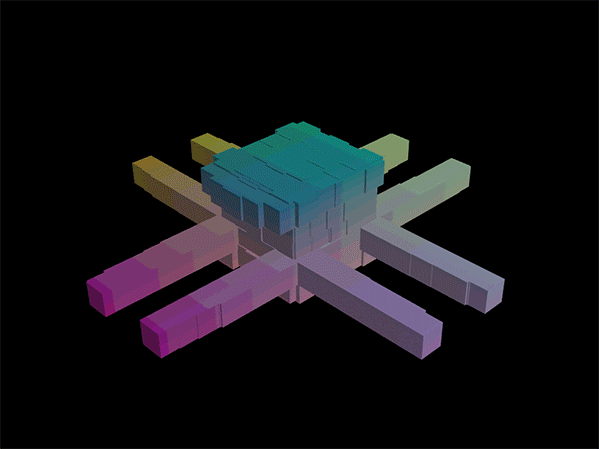 Cluster of rainbow voxel cubes