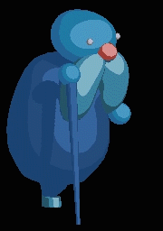 Animated sprite of the blue shopper character pushing a walker