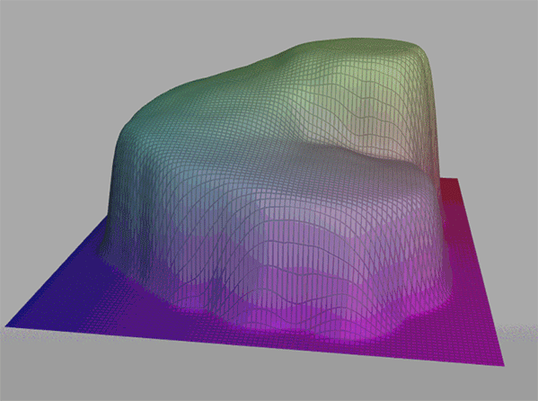 Purple and green displaced terrain mesh surface